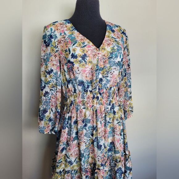 Just Taylor Floral Midi Tiered Dress Smocked Cottagecore Bloomcore Coquette 8 - Picture 3 of 13